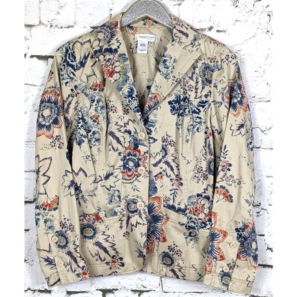 COLDWATER CREEK Cottage Boho Cotton Blazer Jacket Floral Toile Pockets Medium